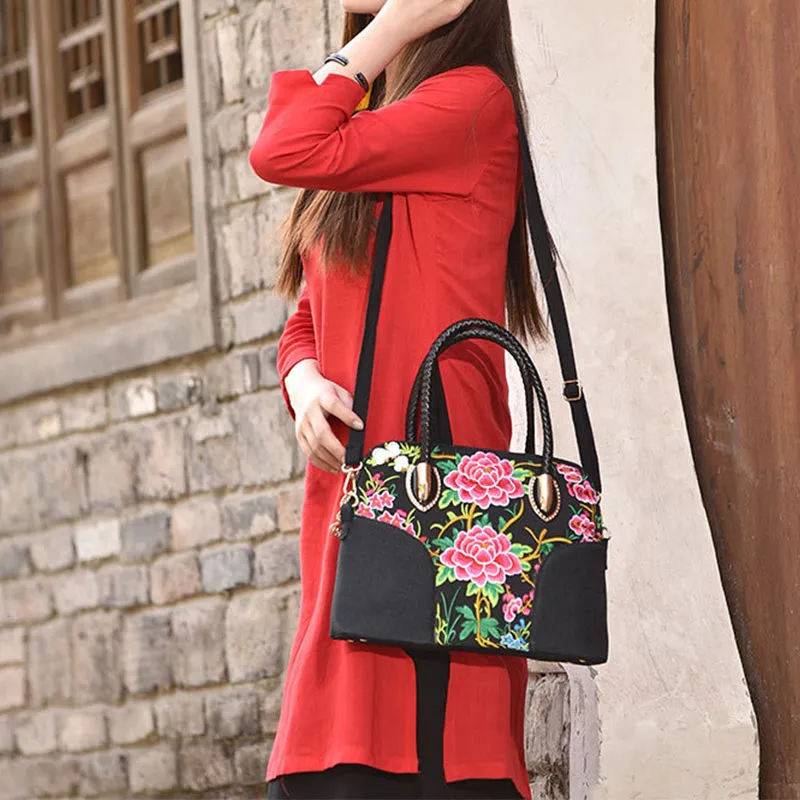 Floral Embroideried Canvas Tote For Women Vintage Crossbody Handbag