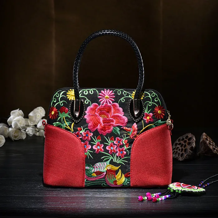 Floral Embroideried Canvas Tote For Women Vintage Crossbody Handbag