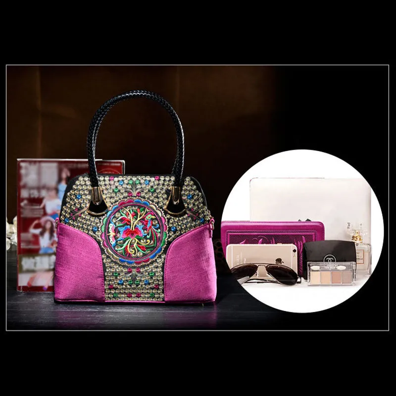 Floral Embroideried Canvas Tote For Women Vintage Crossbody Handbag