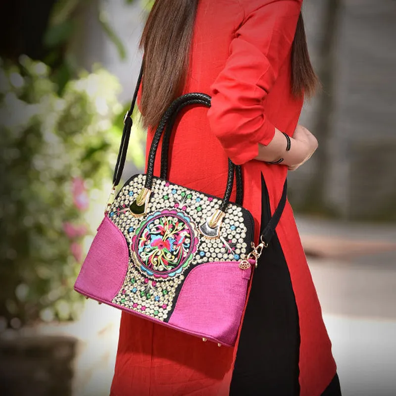 Floral Embroideried Canvas Tote For Women Vintage Crossbody Handbag