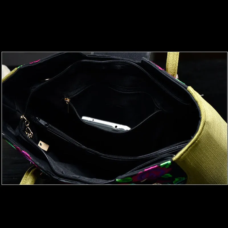 Floral Embroideried Canvas Tote For Women Vintage Crossbody Handbag