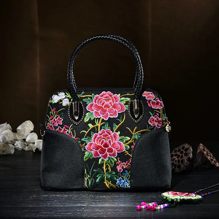 Floral Embroideried Canvas Tote For Women Vintage Crossbody Handbag