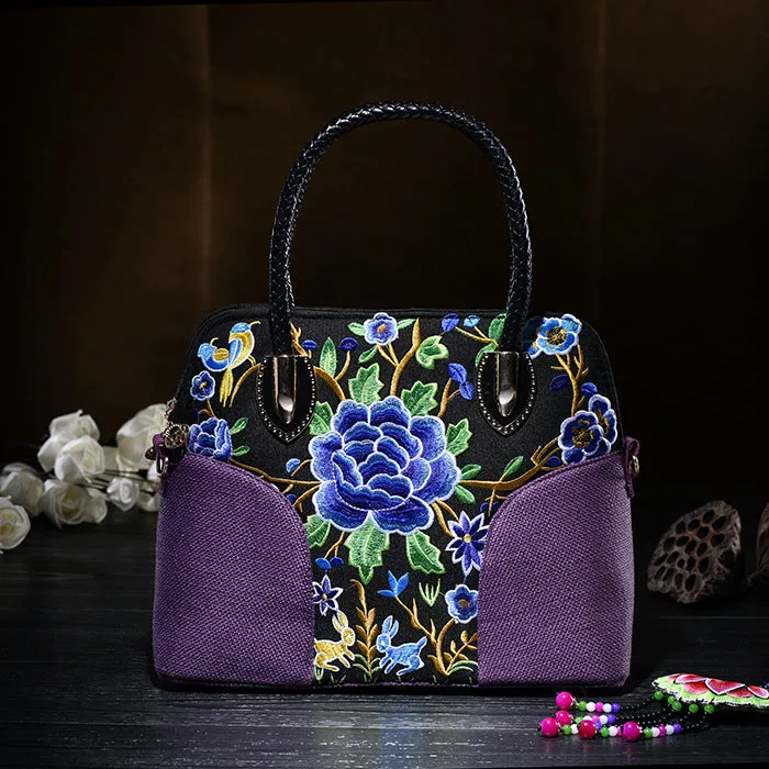 Floral Embroideried Canvas Tote For Women Vintage Crossbody Handbag
