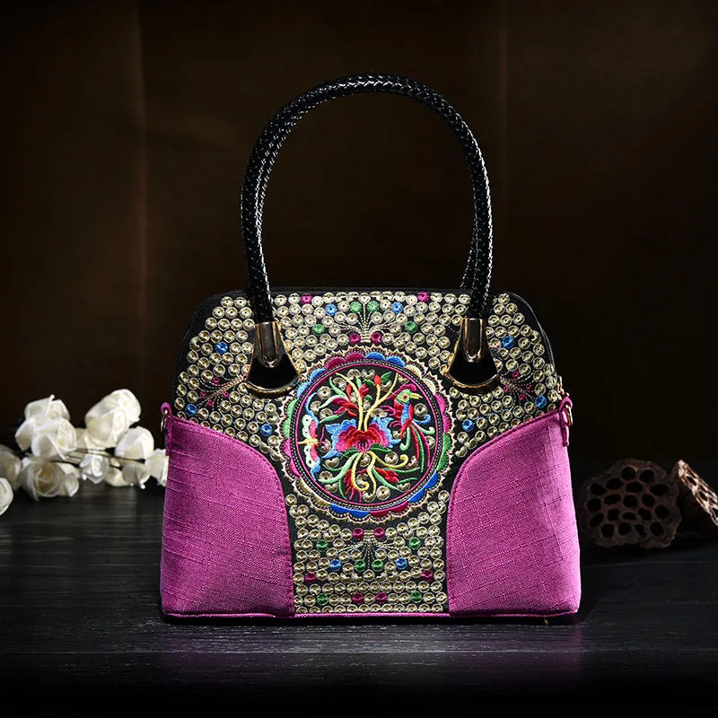 Floral Embroideried Canvas Tote For Women Vintage Crossbody Handbag