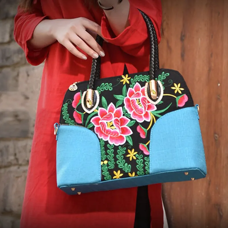 Floral Embroideried Canvas Tote For Women Vintage Crossbody Handbag