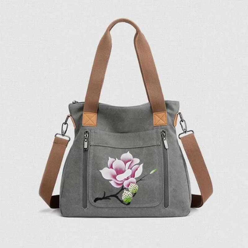 Floral Print Canvas Handbag for Women Top Handle Satchel Crossbody Bag