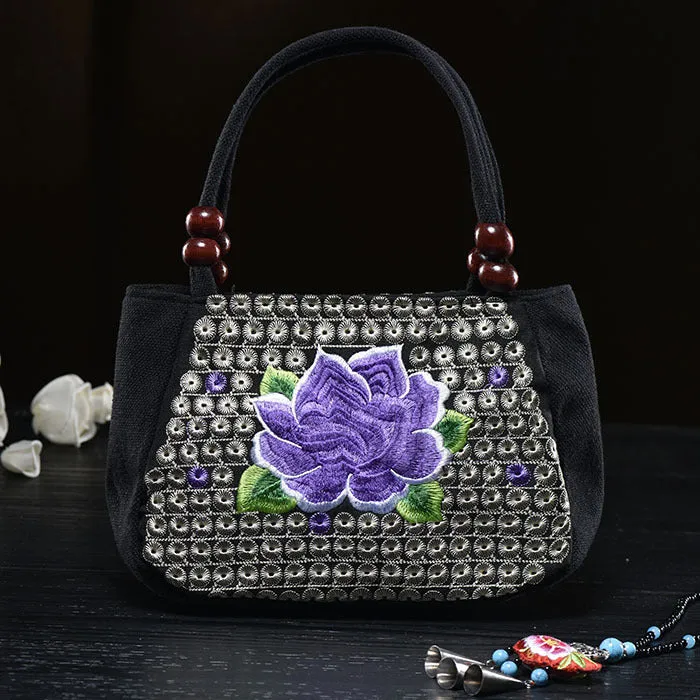 Flower Embroideried Small Canvas Handbag For Women Ethnic Tote
