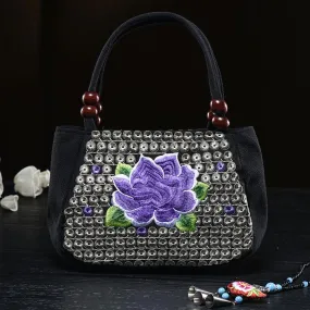 Flower Embroideried Small Canvas Handbag For Women Ethnic Tote