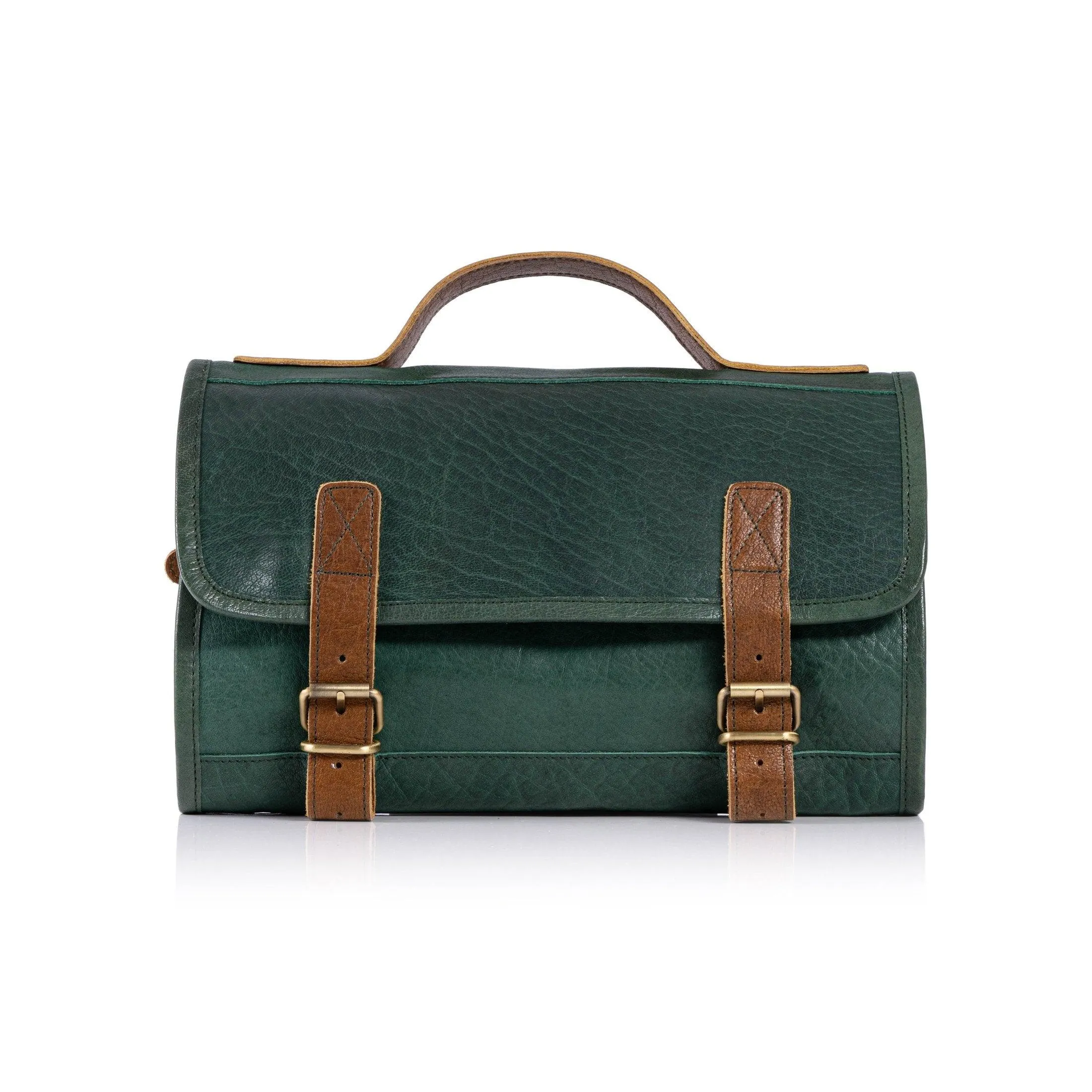 Genuine Buffalo Leather Hanging Toiletry Bag Travel Dopp Kit (Green)