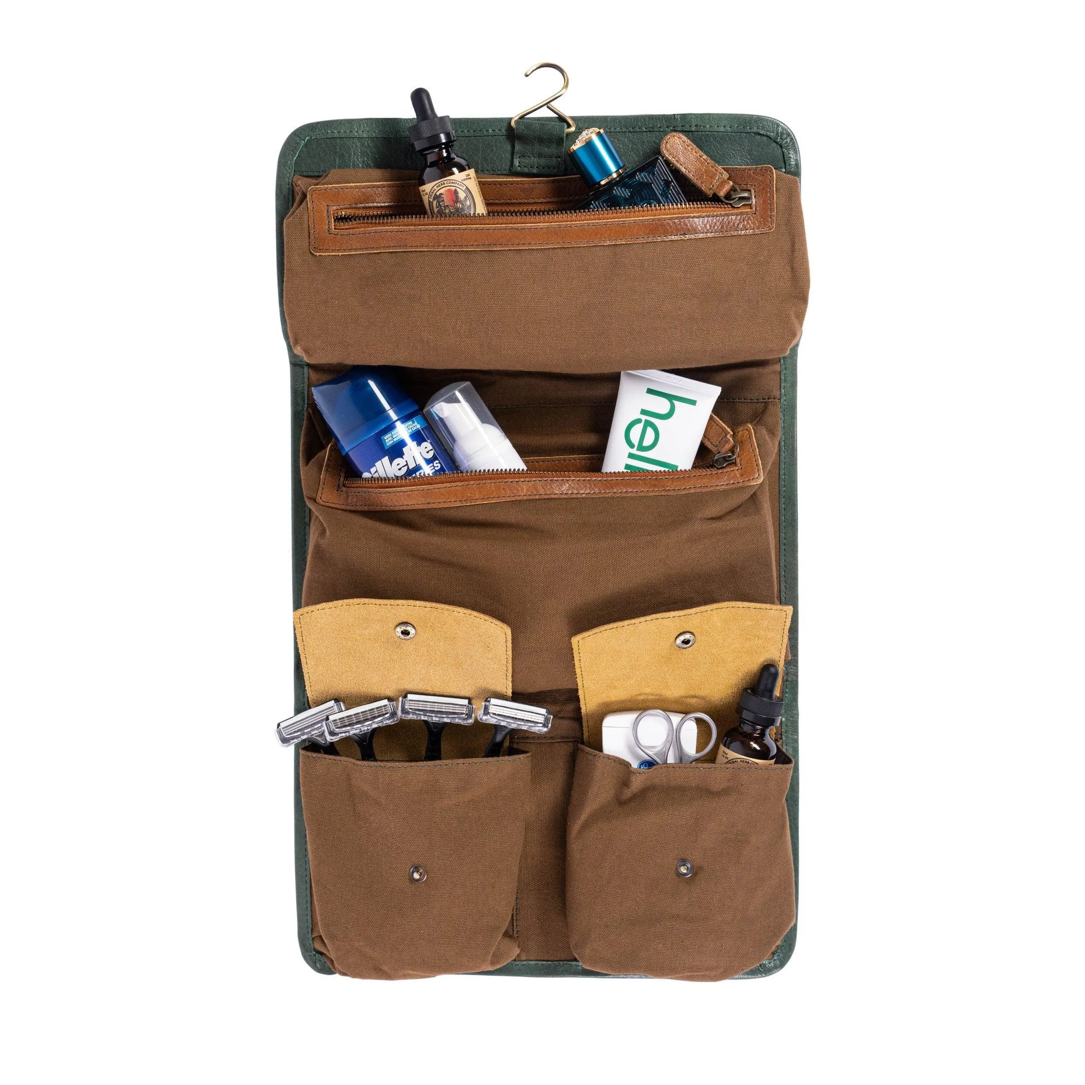Genuine Buffalo Leather Hanging Toiletry Bag Travel Dopp Kit (Green)