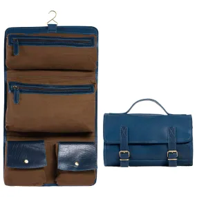 Genuine Buffalo Leather Hanging Toiletry Bag Travel Dopp Kit ( Ink Blue)