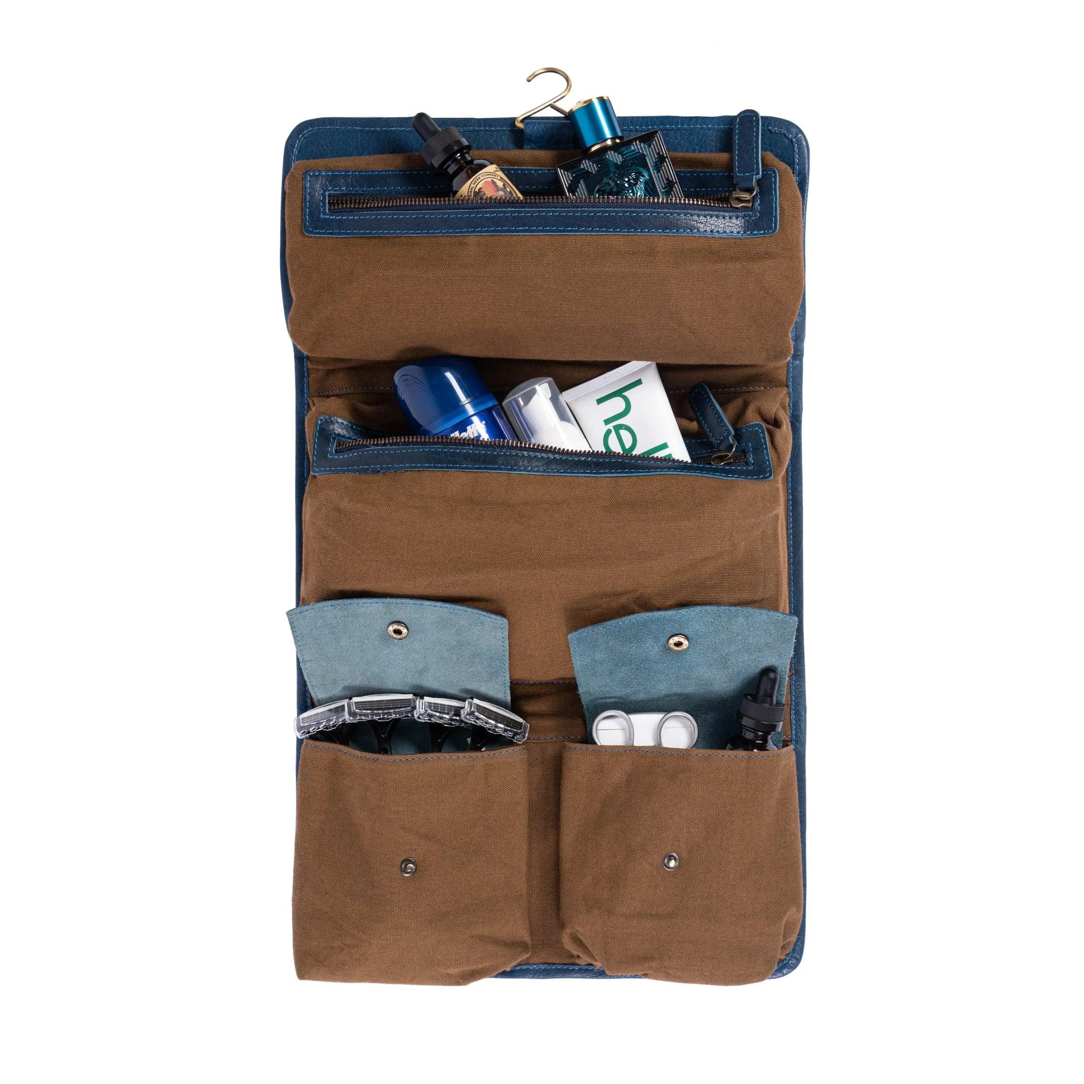 Genuine Buffalo Leather Hanging Toiletry Bag Travel Dopp Kit ( Ink Blue)