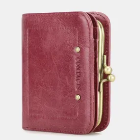 Genuine Leather Kiss-Lock Womens Wallet Bifold RFID Blocking Wallet