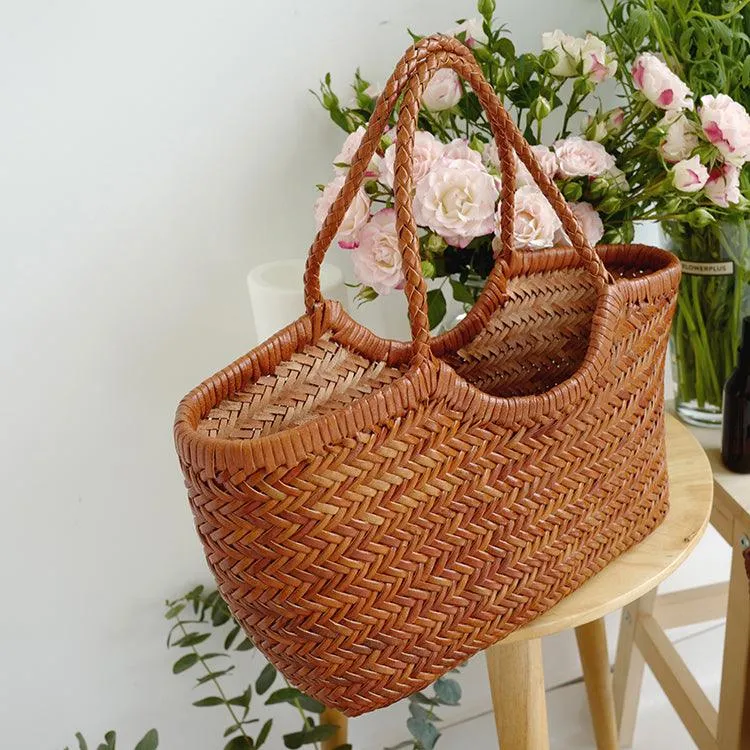 Handcrafted Woven Leather Tote Bag, Full Grain Leather Hand Woven Triple Jump Bamboo Style Ladies HOBO Bag, Summer Holiday Bag