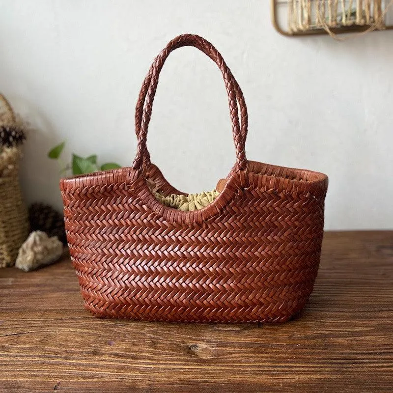 Handcrafted Woven Leather Tote Bag, Full Grain Leather Hand Woven Triple Jump Bamboo Style Ladies HOBO Bag, Summer Holiday Bag