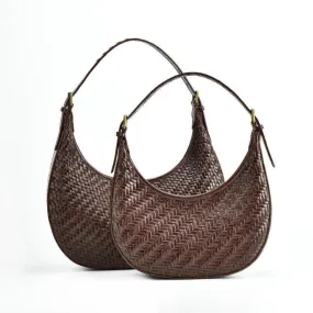 Italian Grain Leather Woven Hobo Shoulder Bag, Cowhide Leather Summer Beach Bag, Triple Jump Bamboo Shoulder Bag, Handcrafted Basket Bag