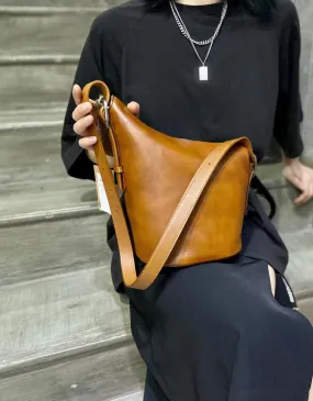Italian Top Grain Leather Bucket Bag,  Handcrafted High-End Genuine Leather Shoulder Purse, Women Bucket Crossbody, Tan, Green, Coffee, Red