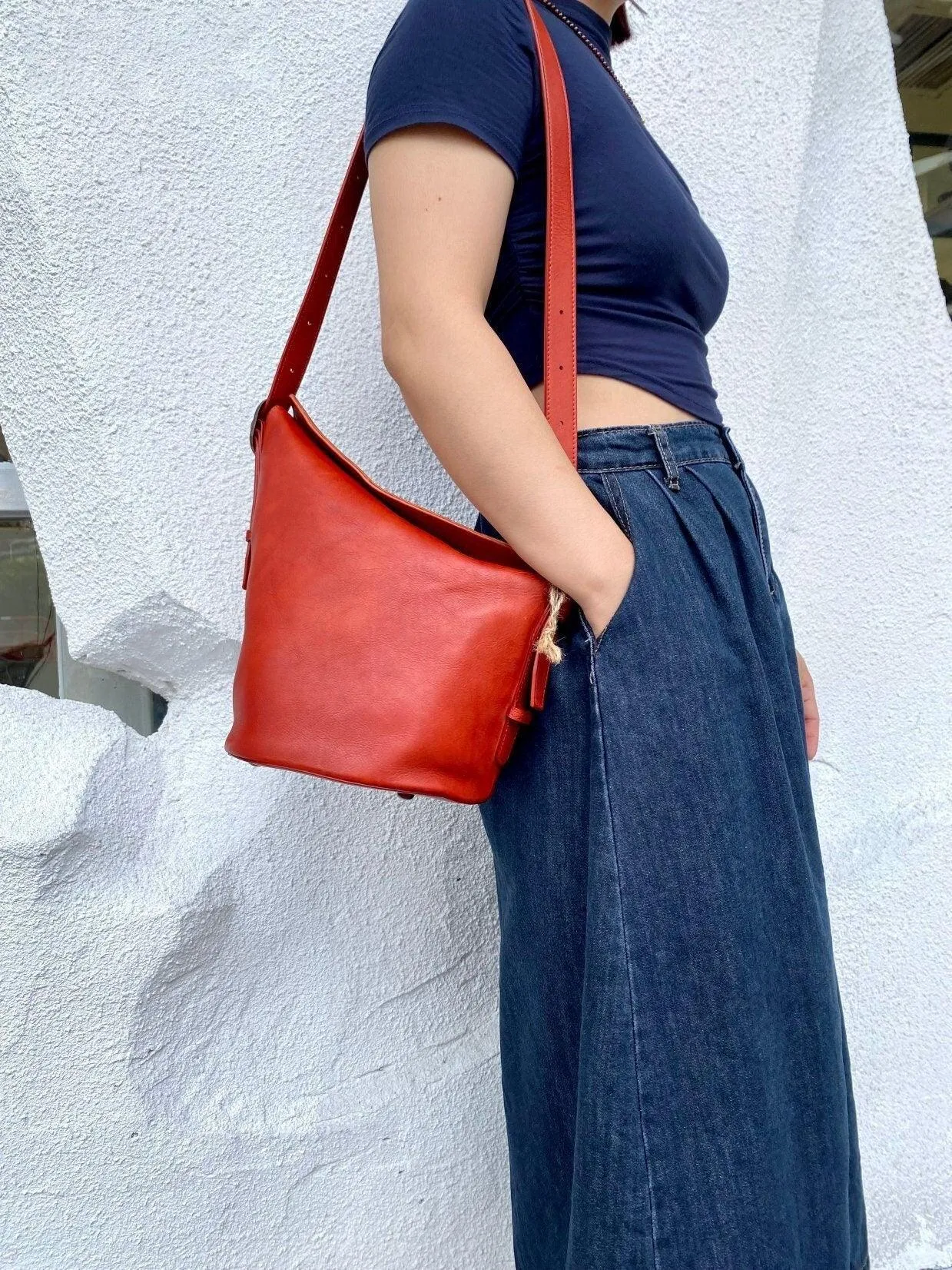 Italian Top Grain Leather Bucket Bag,  Handcrafted High-End Genuine Leather Shoulder Purse, Women Bucket Crossbody, Tan, Green, Coffee, Red