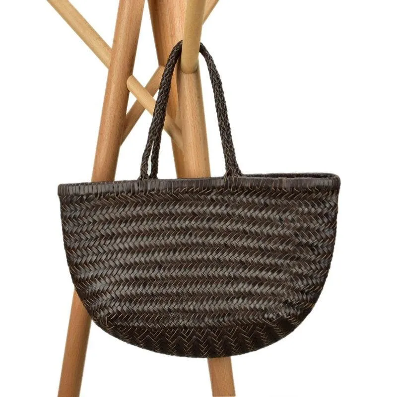 Italy Full Grain Leather Soft Woven Triple Jump Bamboo Style HandBag, Handcrafted Ladies Bag, Basket Bag, Coffee, Black, Brown