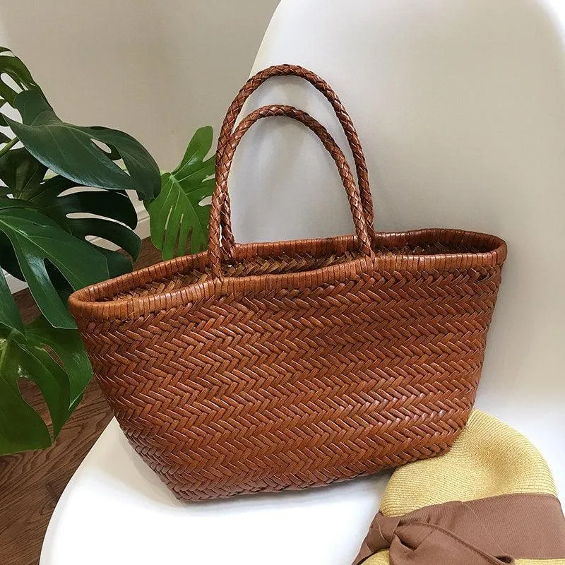 Italy Full Grain Leather Soft Woven Triple Jump Bamboo Style HandBag, Handcrafted Ladies Bag, Basket Bag, Coffee, Black, Brown