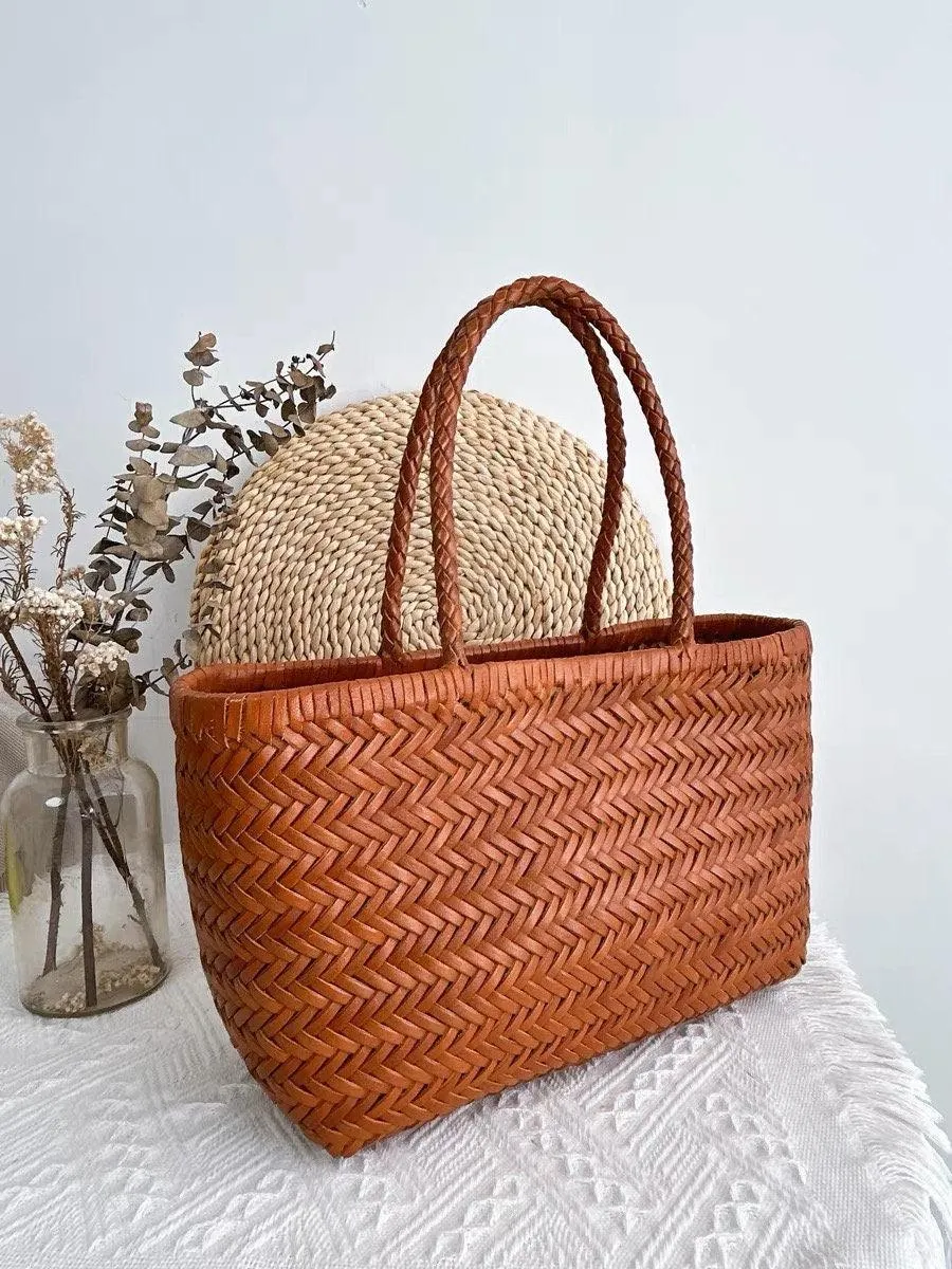 Italy Full Grain Leather Soft Woven Triple Jump Bamboo Style HandBag, Handcrafted Ladies Bag, Basket Bag, Coffee, Black, Brown