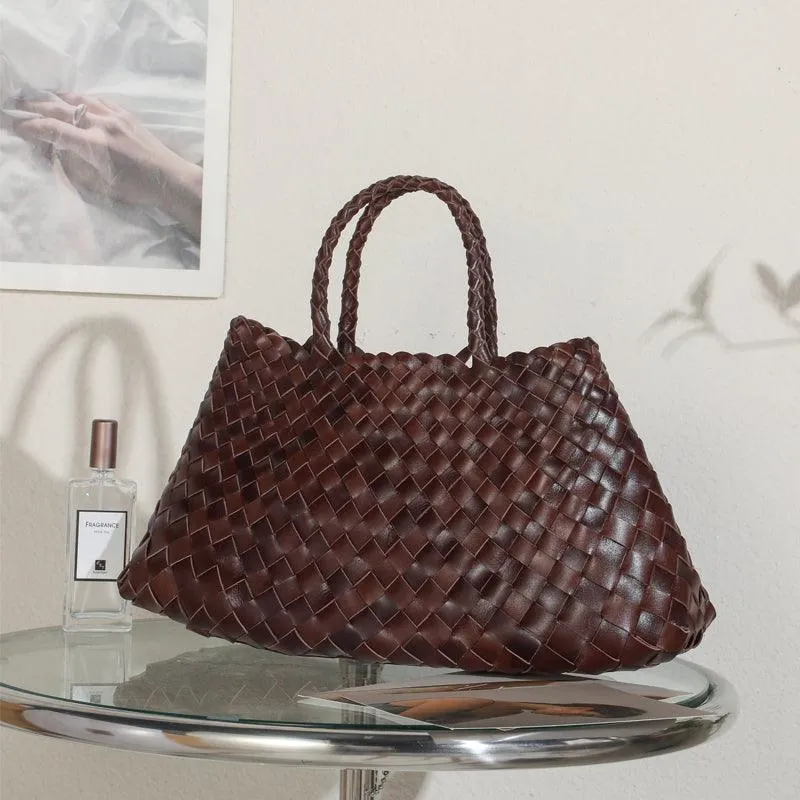 Italy Leather Woven Bag Hobo Trapezoidal Shoulder Bag (Long Handle) | New Style Summer Beach Bag Full Grain Leather Triple Jump Bamboo HandBag, Handcrafted Basket Bag