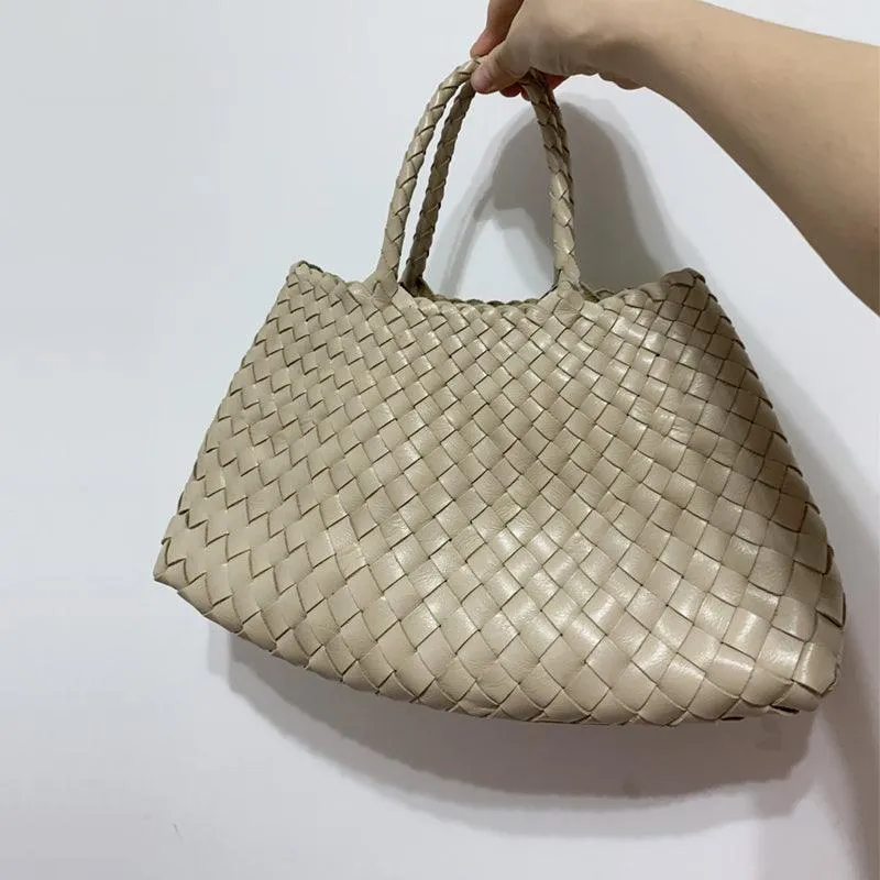 Italy Leather Woven Bag Hobo Trapezoidal Shoulder Bag (Long Handle) | New Style Summer Beach Bag Full Grain Leather Triple Jump Bamboo HandBag, Handcrafted Basket Bag