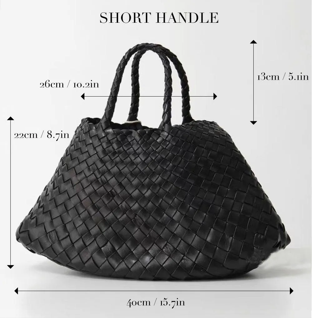 Italy Leather Woven Bag Hobo Trapezoidal Shoulder Bag (Long Handle) | New Style Summer Beach Bag Full Grain Leather Triple Jump Bamboo HandBag, Handcrafted Basket Bag