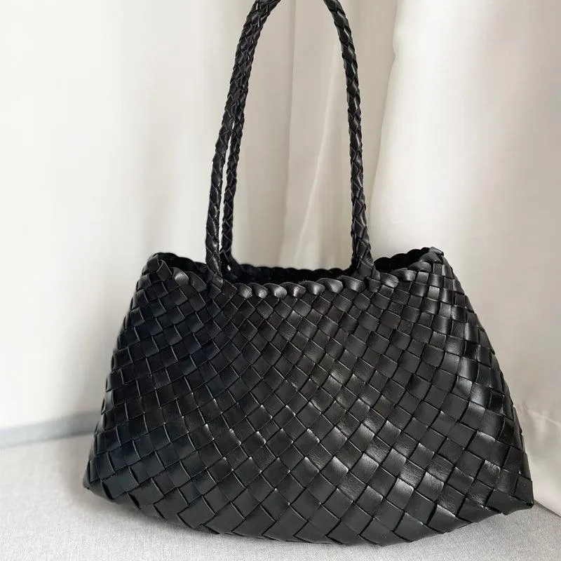 Italy Leather Woven Bag Hobo Trapezoidal Shoulder Bag (Long Handle) | New Style Summer Beach Bag Full Grain Leather Triple Jump Bamboo HandBag, Handcrafted Basket Bag