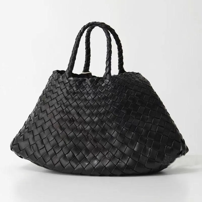 Italy Leather Woven Bag Hobo Trapezoidal Shoulder Bag (Long Handle) | New Style Summer Beach Bag Full Grain Leather Triple Jump Bamboo HandBag, Handcrafted Basket Bag