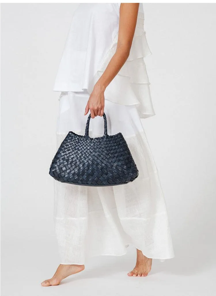 Italy Leather Woven Bag Hobo Trapezoidal Shoulder Bag (Long Handle) | New Style Summer Beach Bag Full Grain Leather Triple Jump Bamboo HandBag, Handcrafted Basket Bag