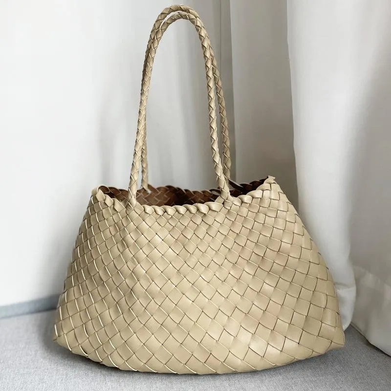 Italy Leather Woven Bag Hobo Trapezoidal Shoulder Bag (Long Handle) | New Style Summer Beach Bag Full Grain Leather Triple Jump Bamboo HandBag, Handcrafted Basket Bag