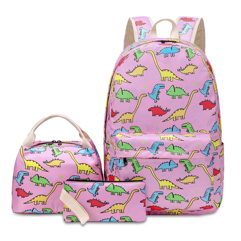 Kids Backpack With Lunch Box Dinosaur School Backpacks - Pink Black Green Book Bags For Boys Girls To School Essential 3 Pieces