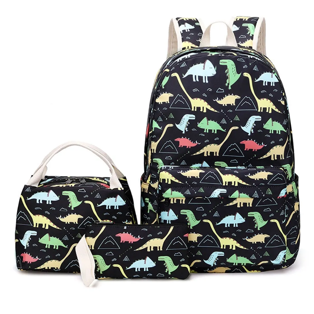 Kids Backpack With Lunch Box Dinosaur School Backpacks - Pink Black Green Book Bags For Boys Girls To School Essential 3 Pieces