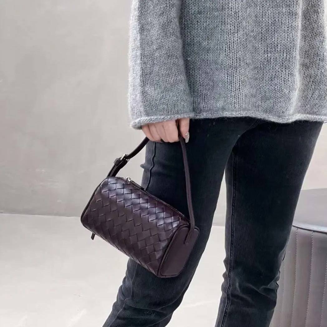 Lambskin Leather Woven Boston Bag, Mini Designer Bag, Leather Box Shoulder Bag, Classic Leather Handbag, Minimalist Genuine Leather Crossbody Purse
