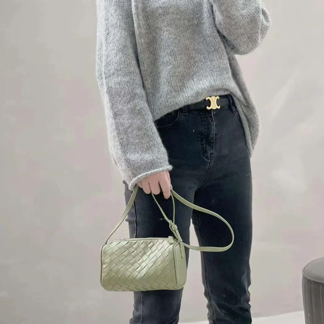 Lambskin Leather Woven Boston Bag, Mini Designer Bag, Leather Box Shoulder Bag, Classic Leather Handbag, Minimalist Genuine Leather Crossbody Purse
