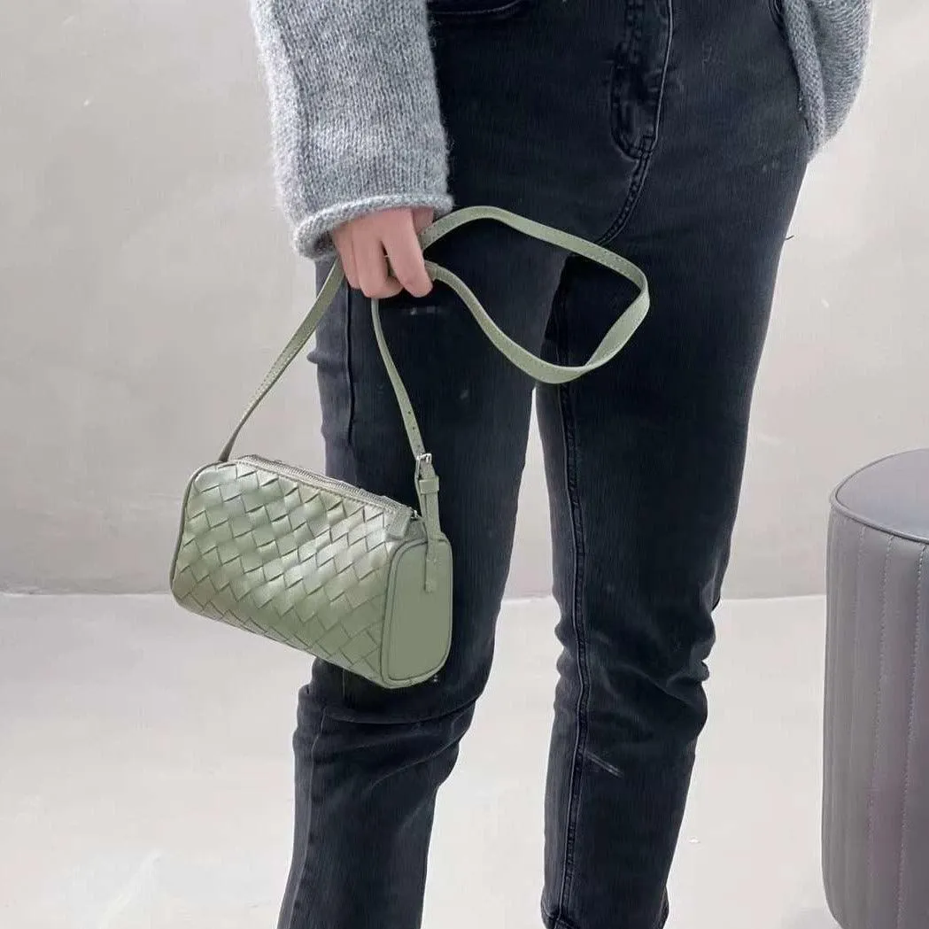 Lambskin Leather Woven Boston Bag, Mini Designer Bag, Leather Box Shoulder Bag, Classic Leather Handbag, Minimalist Genuine Leather Crossbody Purse