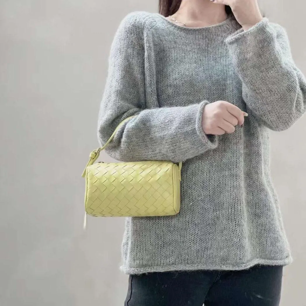 Lambskin Leather Woven Boston Bag, Mini Designer Bag, Leather Box Shoulder Bag, Classic Leather Handbag, Minimalist Genuine Leather Crossbody Purse