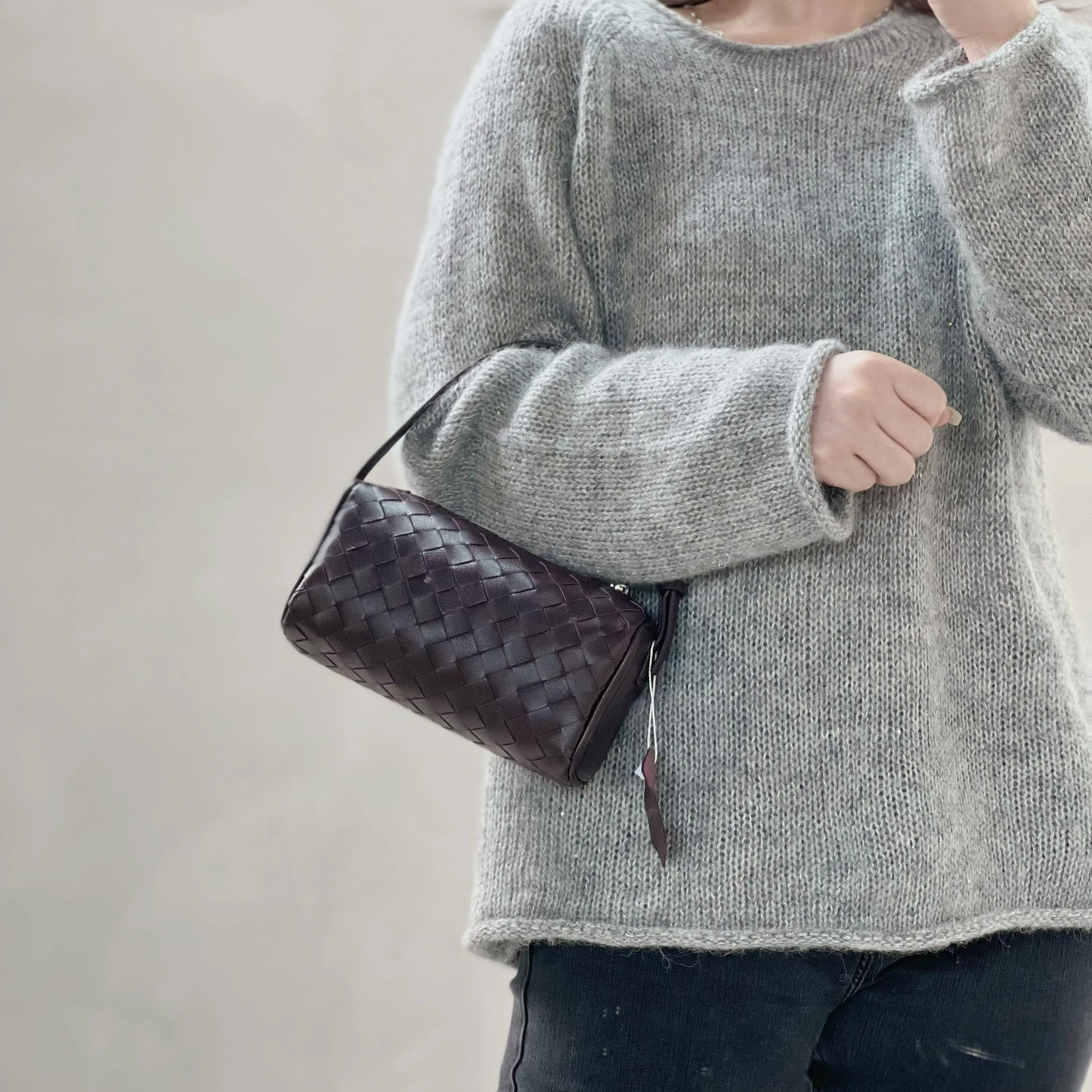Lambskin Leather Woven Boston Bag, Mini Designer Bag, Leather Box Shoulder Bag, Classic Leather Handbag, Minimalist Genuine Leather Crossbody Purse