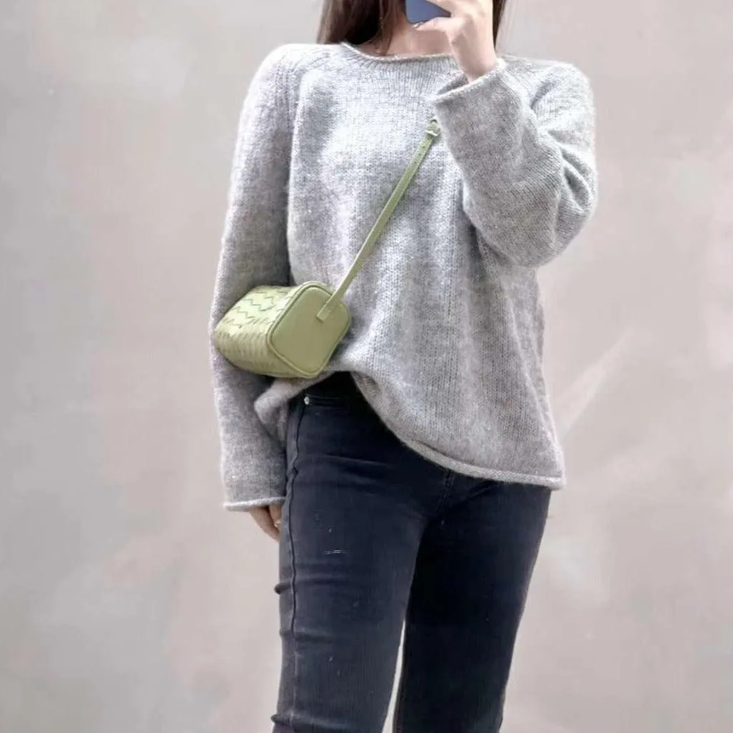 Lambskin Leather Woven Boston Bag, Mini Designer Bag, Leather Box Shoulder Bag, Classic Leather Handbag, Minimalist Genuine Leather Crossbody Purse
