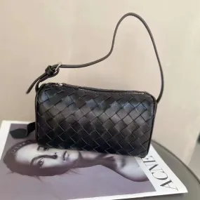 Lambskin Leather Woven Boston Bag, Mini Designer Bag, Leather Box Shoulder Bag, Classic Leather Handbag, Minimalist Genuine Leather Crossbody Purse