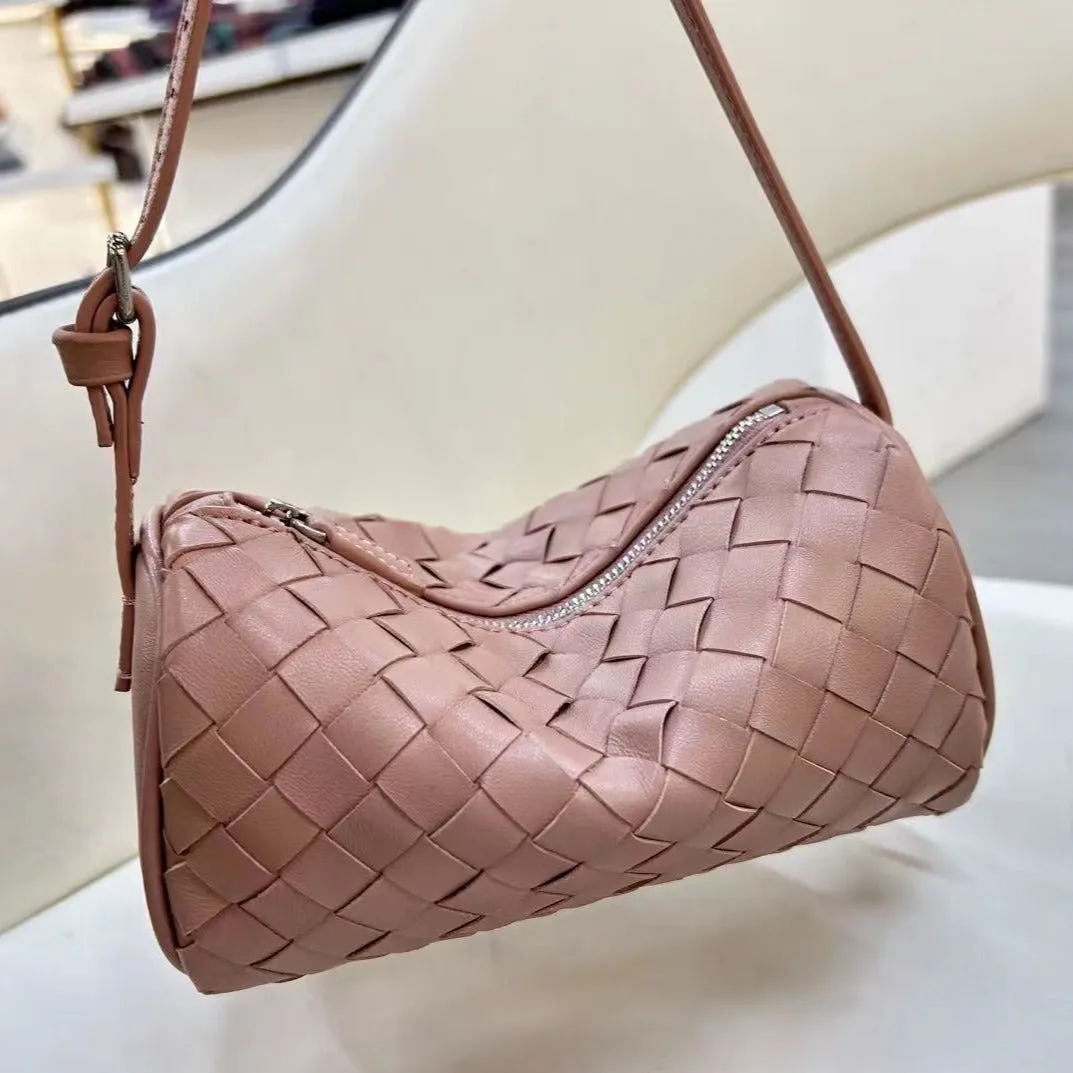 Lambskin Leather Woven Boston Bag, Mini Designer Bag, Leather Box Shoulder Bag, Classic Leather Handbag, Minimalist Genuine Leather Crossbody Purse