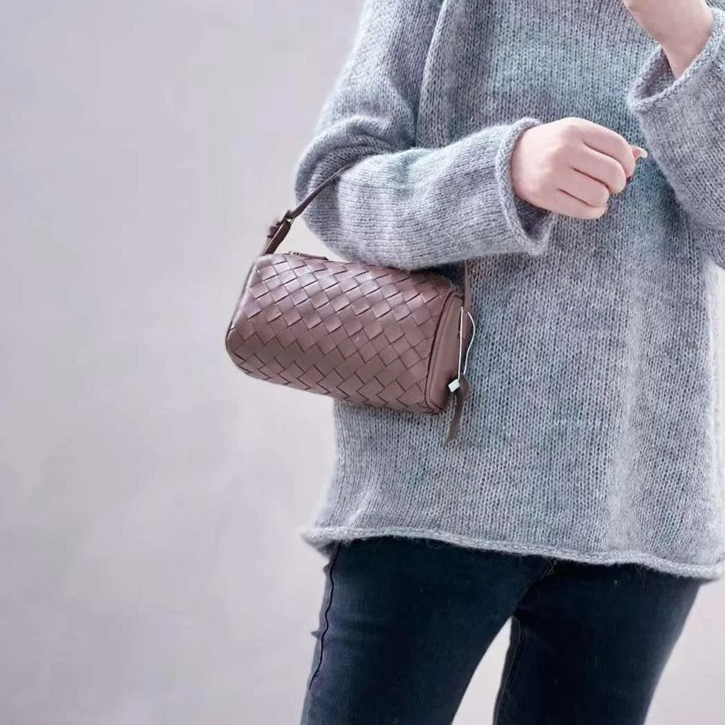 Lambskin Leather Woven Boston Bag, Mini Designer Bag, Leather Box Shoulder Bag, Classic Leather Handbag, Minimalist Genuine Leather Crossbody Purse