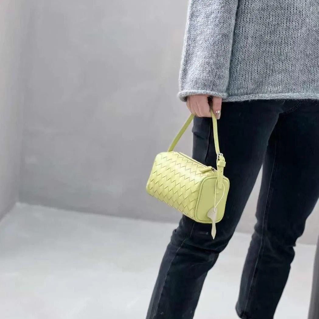 Lambskin Leather Woven Boston Bag, Mini Designer Bag, Leather Box Shoulder Bag, Classic Leather Handbag, Minimalist Genuine Leather Crossbody Purse