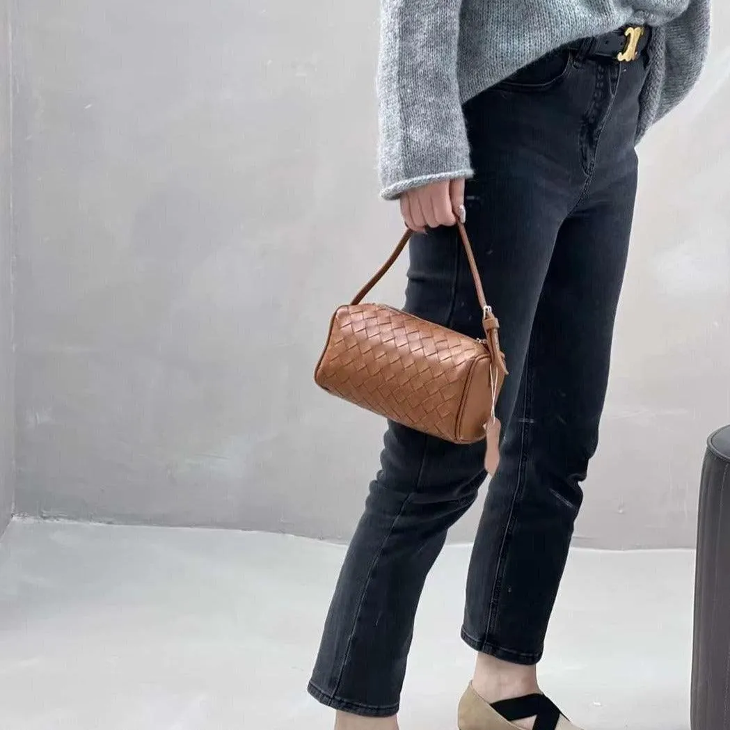 Lambskin Leather Woven Boston Bag, Mini Designer Bag, Leather Box Shoulder Bag, Classic Leather Handbag, Minimalist Genuine Leather Crossbody Purse