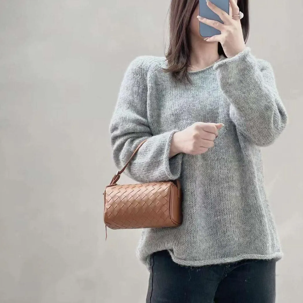 Lambskin Leather Woven Boston Bag, Mini Designer Bag, Leather Box Shoulder Bag, Classic Leather Handbag, Minimalist Genuine Leather Crossbody Purse