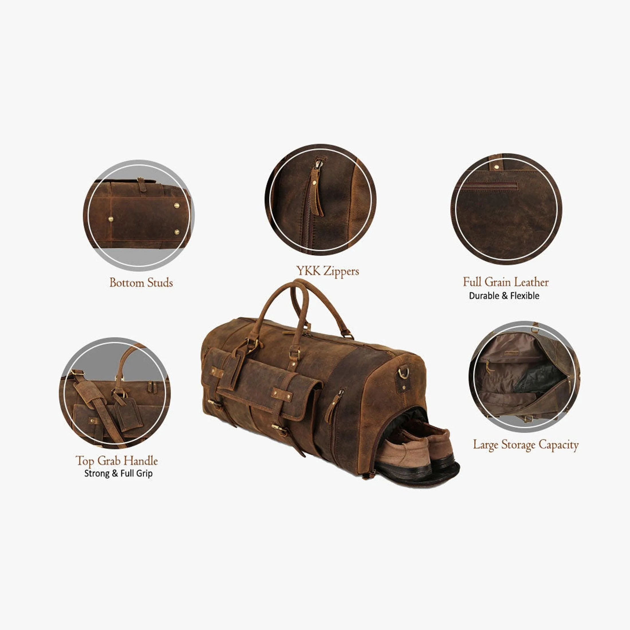 Leather Travel 20 Inch Duffel Bags for Men and Women Full Grain Leather Overnight Weekend Leather Bags Sports Gym Duffle