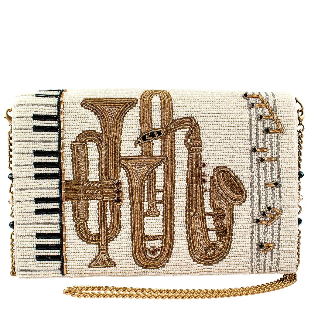 Mary Frances Play for Me Beaded Crossbody Clutch Music Instruments Handbag Ivory