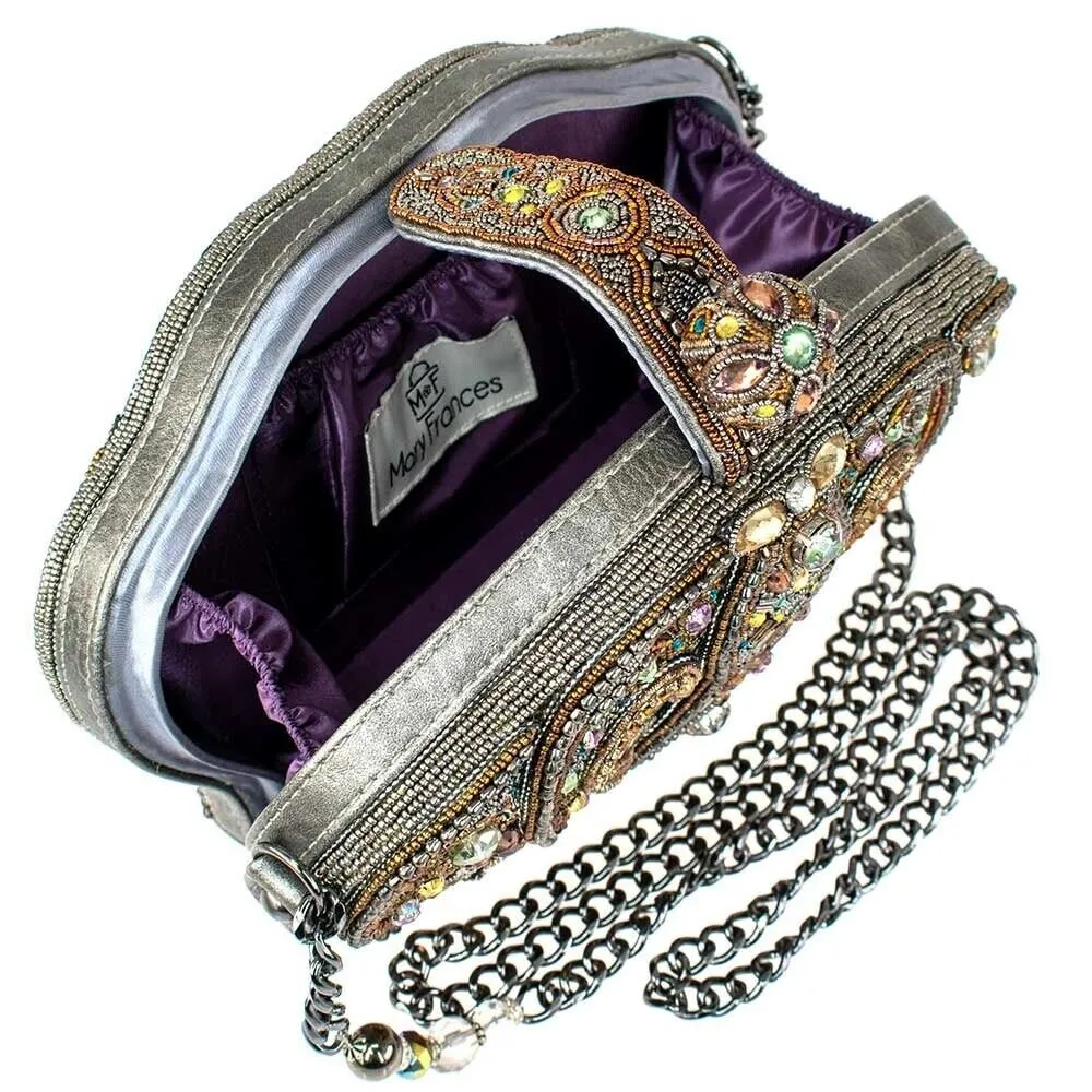 Mary Frances Royal Treatment Crossbody Crown Handbag Beaded Silver Gray Bag New