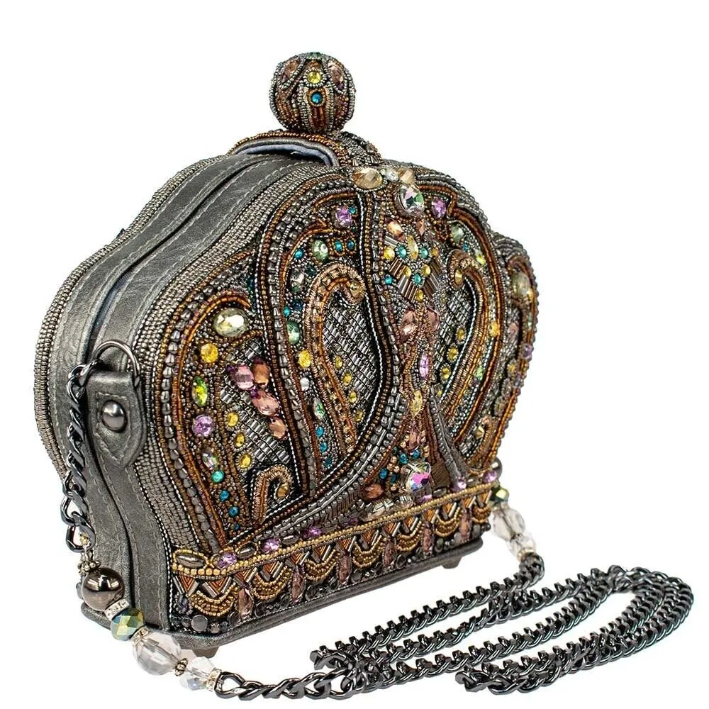 Mary Frances Royal Treatment Crossbody Crown Handbag Beaded Silver Gray Bag New